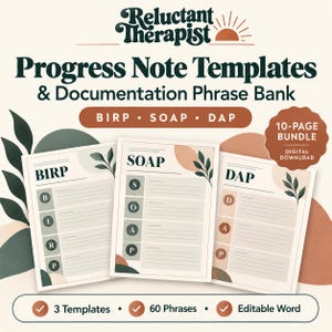 Peut inclure: Un lot de 10 pages à télécharger numériquement contenant des modèles de notes de progression et une banque de phrases de documentation intitulée Reluctant Therapist. Inclut des modèles BIRP, SOAP et DAP avec 3 modèles et 60 phrases.