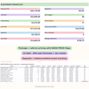 May include: A digital DJ business finance kit spreadsheet featuring a dashboard with revenue, profit, and expense data. It includes a service pricing table with columns for supplies, labour, travel, and margin, plus text labels like SheetSmart12 on Etsy.
