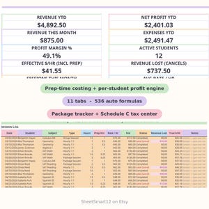 May include: A digital spreadsheet dashboard displaying financial metrics like Revenue YTD $4,892.50, Net Profit YTD $2,401.03, and a session log table. Includes text: Prep-time costing + per-student profit engine, 11 tabs - 536 auto formulas, Package tracker + Schedule C tax center.