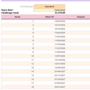 May include: A financial savings challenge tracker table with a light pink header row labeled Week, Week Of, and Deposit. The table lists 18 weeks starting from 10/05/2026 to 02/01/2027. The top section displays Challenge type: Standard, Start date: 10/05/2026, and Challenge total: $1,378.00.