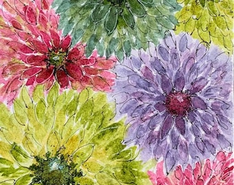 May include: A watercolor painting of a bouquet of flowers. The flowers are in shades of pink, purple, green, and yellow. The flowers are arranged in a loose, informal style.