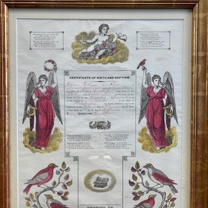Antieke certificaat van geboorte en doop, Fraktur, volkskunst, ingelijste muurkunst, Amish Pennsylvania 1876, historisch, wanddecoratie, woondecoratie