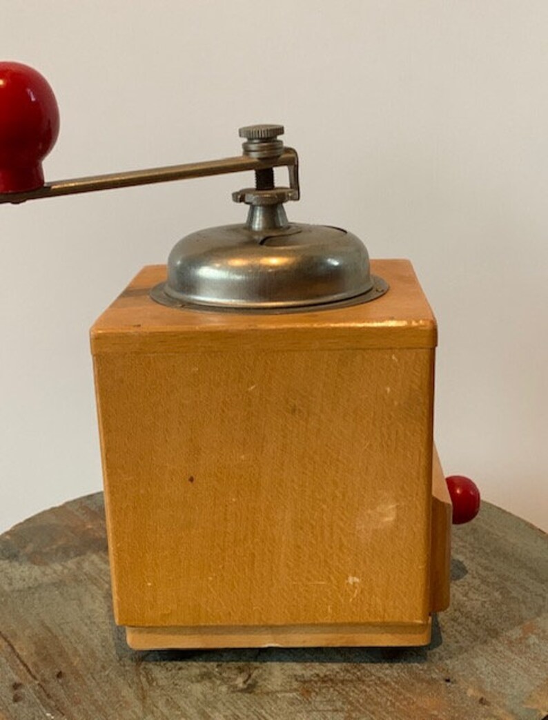Vintage Italian Coffee Grinder by Coff Red Knobs Wood and Metal Farmhouse Decor Collectible Coffee Makers Home Appliances