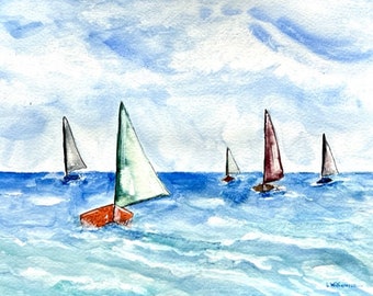 Original Watercolor and Ink 9x12 Sailboats Painting, Wild and Free, Home and Living, Wall Hanging, Sailing, Ocean