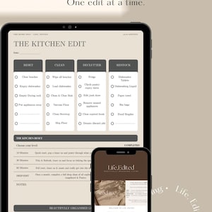May include: A digital tablet and smartphone displaying a kitchen organization checklist titled The Kitchen Edit. The interface features columns for Reset, Clean, Declutter, and Restock with checkboxes, alongside a section for time-based tasks.