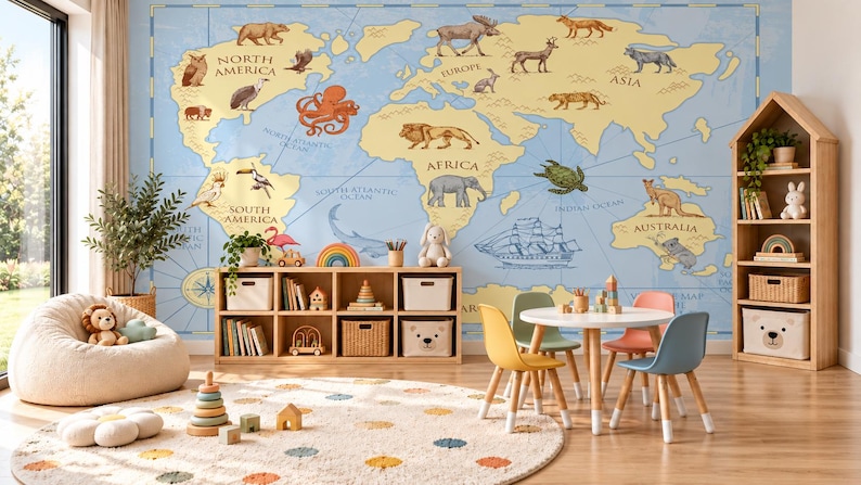 Vintage Animal World Map Wallpaper for Kids’ Room & Nursery - Etsy UK