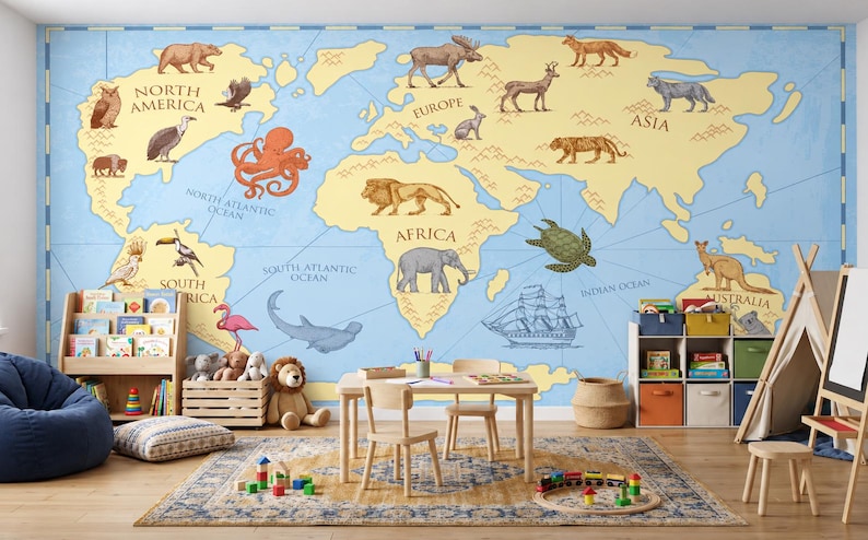 Vintage Animal World Map Wallpaper for Kids’ Room & Nursery - Etsy UK