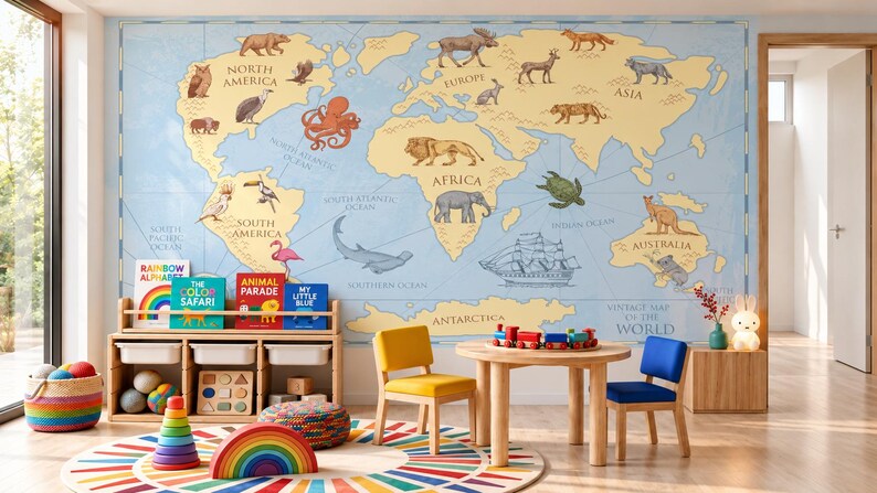 Vintage Animal World Map Wallpaper for Kids’ Room & Nursery - Etsy UK