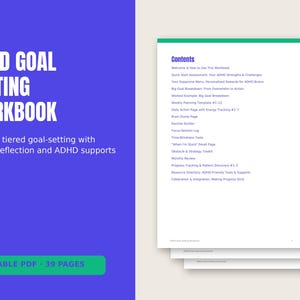 Könnte beinhalten: Ein ADHD-Zielsetzungs-Arbeitsbuch als druckbares PDF mit 39 Seiten. Das Deckblatt zeigt blauen Text auf violettem Hintergrund. Die Innenseiten enthalten ein Inhaltsverzeichnis mit Abschnitten wie Dopamin-Menü und Wochenplanung.