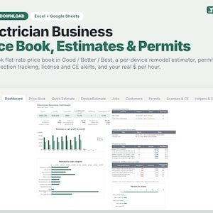 May include: A digital download for Excel and Google Sheets titled Electrician Business Price Book, Estimates & Permits. The interface displays a dashboard with charts, revenue data, job categories, and permit status tracking for electricians.