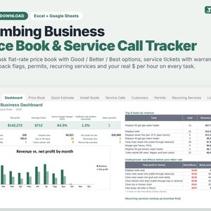 May include: A digital download for Excel and Google Sheets titled Plumbing Business Price Book & Service Call Tracker. The interface displays a dashboard with revenue, net profit, and task metrics, including a bar chart for monthly revenue versus net profit.