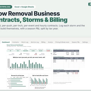 Snow Removal Business Spreadsheet, Plow Pricing Calculator, Storm Log and Billing, Excel Google Sheets