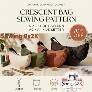 Crescent Bag Sewing Pattern PDF, Crossbody Sling Bag, Shoulder Bag Sewing Pattern, Adjustable Strap, 4 Sizes S-XL, A0 A4 US Letter