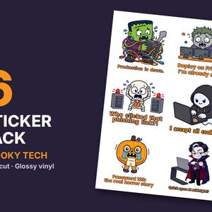 Spooky Tech Sticker Pack, Funny Developer Stickers, Cybersecurity Sticker Sheet, Programmer Gift, IT Laptop Stickers Set of 6