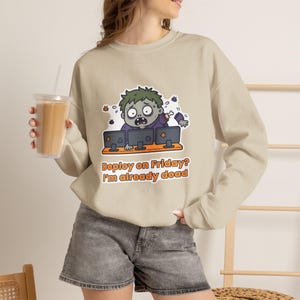 Deploy On Friday Zombie Sweatshirt, Funny Developer Halloween Crewneck, Programmer Gift, DevOps Software Engineer Sweater
