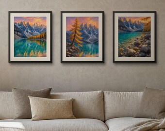Moraine Lake Dawn Triptych | Oil Impressionist Canadian Rockies Print (Digital Download)