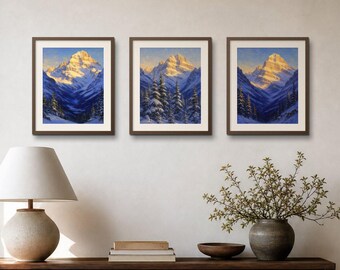 Banff Winter Mountain Prints – Oil-Impressionist Canadian Rockies (Set of 3)
