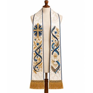 Weißgoldene, blau bestickte Stola für Geistliche, Priester, Pastoren, Kirchenkleidung