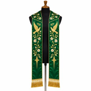 Embroidered Green Clergy Stole, Gold Bird & Floral Liturgical Vestment