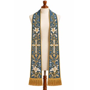Blue Gold Embroidered Clergy Stole, Floral Cross Design, Liturgical Vestment