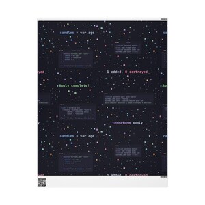 May include: A dark navy blue wrapping paper featuring a repeating pattern of colorful code snippets, terminal command lines, and small icons like stars and gifts. Text includes "candles = var.age", "1 added, 0 destroyed", and "Apply complete!"