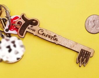 Think Celestial temple key wood cut keychain | Disney key inspired charm | LDS gifts | Church of Jesus Christ of Latter Day Saints