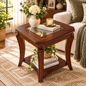 May include: A square wooden end table with a dark brown finish, featuring curved legs, a glass top insert, and a lower shelf. The table holds a white vase with flowers, a candle, and books titled The Kinfolk Home, Live Beautifully, and At Home.