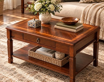 May include: A rectangular wooden coffee table with a dark brown finish, featuring a herringbone pattern on the tabletop, a single drawer with a round metal pull, and a lower shelf holding a woven basket containing books and a small jar.