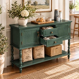 May include: A dark green wooden sideboard featuring two cabinet doors, two open drawers, and a lower shelf. The sideboard holds a white vase with flowers, a glass cloche with baked goods, and two bags labeled Cocoa Powder 1 kg.