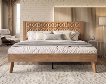 Queen Size Rustic Barnwood Platform Bed, Farmhouse Headboard, No Box Spring Needed