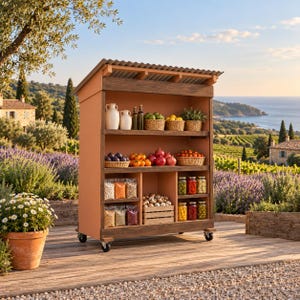May include: A tall, mobile wooden storage unit with a corrugated metal roof, featuring four shelves filled with various items including woven baskets of produce, glass jars of preserved food, and clear bags of dried grains and legumes.