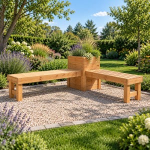 L Shaped Corner Bench Plans PDF, DIY Garden Bench with Built-In Planter Box, Backless Outdoor Patio Seating, Cedar Woodworking Plan