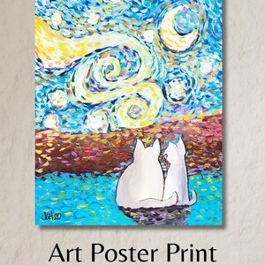 Kunst Poster | Wanddekoration | Katzenliebhaber Kunst | Wandbehang | Ungerahmter Druck | Matte Vertikale Poster | Boho Vibes Sternennacht Weiße Katzen