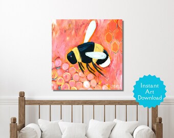 SQUARE Art Print and ISO A1 | Bee Art Print | Groovy Bee | Digital Download | Instant Print | Wall Art | Bee With Pink Flowers