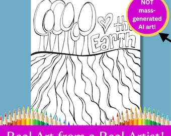 May include: Black and white line art coloring page featuring a landscape with trees and the words "Love the Earth". The image is accompanied by the text "NOT mass-generated AI art!" and "Real Art from a Real Artist!"