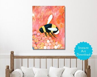 VERTICAL Art Print | Bee Art Print | Groovy Bee | Digital Download | Instant Print | Wall Art | Bee With Pink Flowers