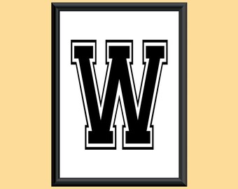 Typography Digital Print Monogram Initial Wall Art Varsity Letter W