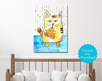 VERTICAL Art Print | Cat Art Print | Cat With A Slice | Digital Download | Instant Print | Wall Art | Pizza Cat