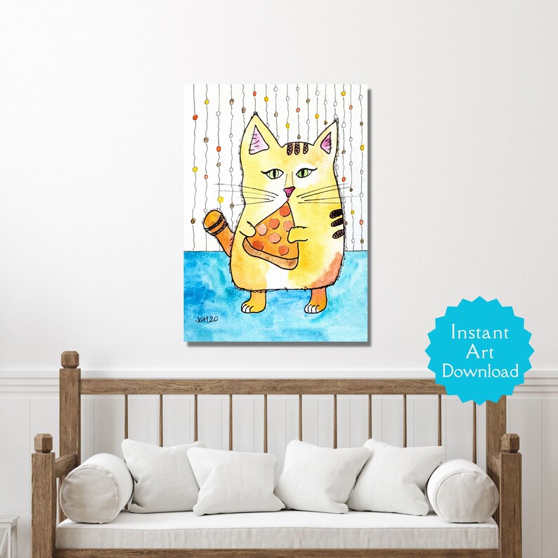 VERTICAL Art Print Cat Art Print Cat With A Slice Digital Download Instant Print Wall Art Pizza Cat image 1