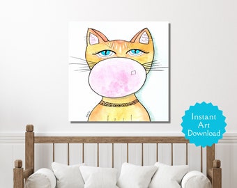 SQUARE Art Print and ISO A1 | Cat Art Print | Ginger Cat Blows A Bubble | Digital Download | Instant Print | Wall Art | Bubble Gum