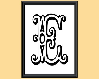 Typography DIGITAL PRINT Monogram Initial Wall Art Tropicana Letter E 5x7