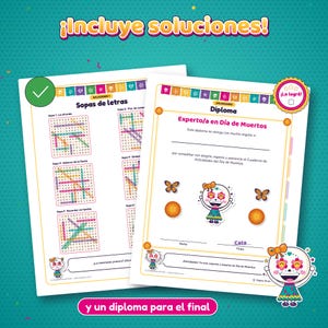 Página de soluciones de las sopas de letras, con las palabras marcadas con pastillas de colores, junto al diploma «Experto/a en Día de Muertos» con Cata celebrando, y el texto «¡Incluye soluciones!».