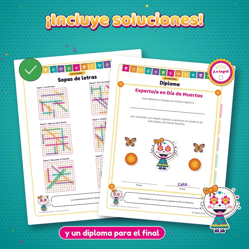 Página de soluciones de las sopas de letras, con las palabras marcadas con pastillas de colores, junto al diploma «Experto/a en Día de Muertos» con Cata celebrando, y el texto «¡Incluye soluciones!».