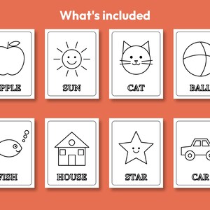 May include: Eight white rectangular flashcards with black line art illustrations and text on an orange background. The cards feature an apple, sun, cat, ball, fish, house, star, and car, each labeled with its corresponding name in capital letters.