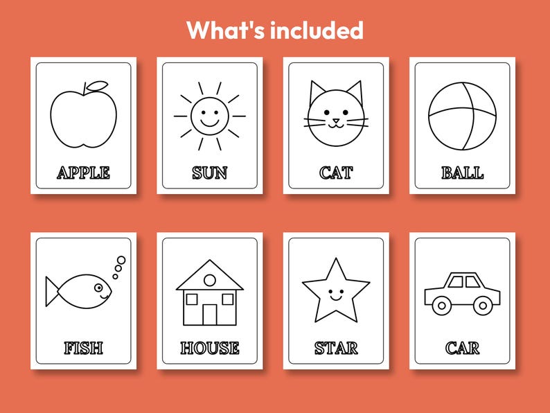May include: Eight white rectangular flashcards with black line art illustrations and text on an orange background. The cards feature an apple, sun, cat, ball, fish, house, star, and car, each labeled with its corresponding name in capital letters.