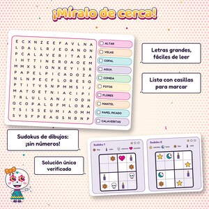 Acercamiento a una sopa de letras con su lista de palabras y casillas, y a dos sudokus de dibujos, con globos que dicen «Letras grandes, fáciles de leer», «Lista con casillas para marcar», «Sudokus de dibujos: ¡sin números!» y «Solución única verificada».