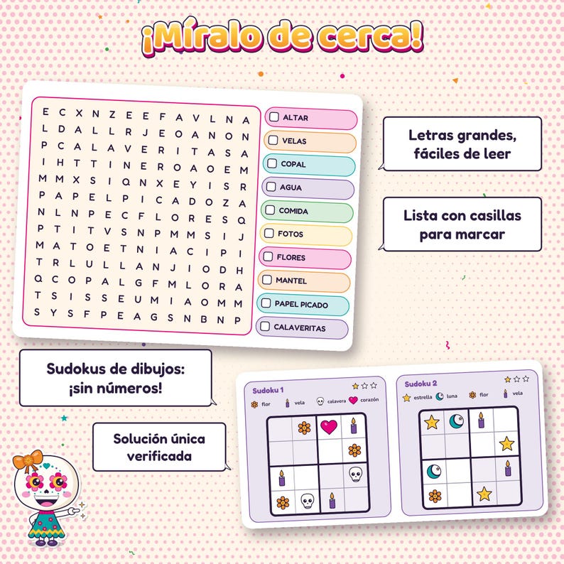 Acercamiento a una sopa de letras con su lista de palabras y casillas, y a dos sudokus de dibujos, con globos que dicen «Letras grandes, fáciles de leer», «Lista con casillas para marcar», «Sudokus de dibujos: ¡sin números!» y «Solución única verificada».