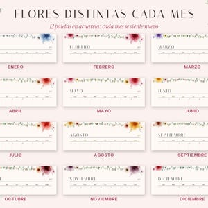 Puede incluir: Un conjunto de calendario de doce meses con detalles florales en acuarela de varios colores. Cada secci&oacute;n rectangular muestra el nombre del mes en espa&ntilde;ol, de Enero a Diciembre, con una cuadr&iacute;cula para fechas y el texto FLORES DISTINTAS CADA MES.
