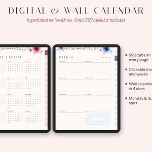 May include: A digital and wall calendar with floral accents, featuring a year-at-a-glance view and a weekly planner layout. The interface includes side tabs, clickable months and weeks, and options for Monday or Sunday starts, presented in four sizes.