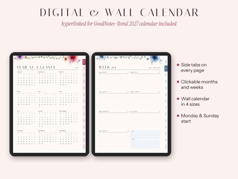 May include: A digital and wall calendar with floral accents, featuring a year-at-a-glance view and a weekly planner layout. The interface includes side tabs, clickable months and weeks, and options for Monday or Sunday starts, presented in four sizes.